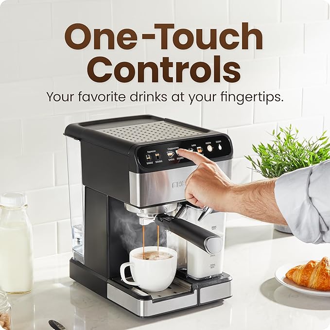 Chefman CaféMaster Pro Espresso Machine Brew Single or Double Shots Coffee Maker with Built-In Milk Frother for Cappuccino &amp Latte XL 1.8 Liter Removable Water Reservoir - Stainless Steel