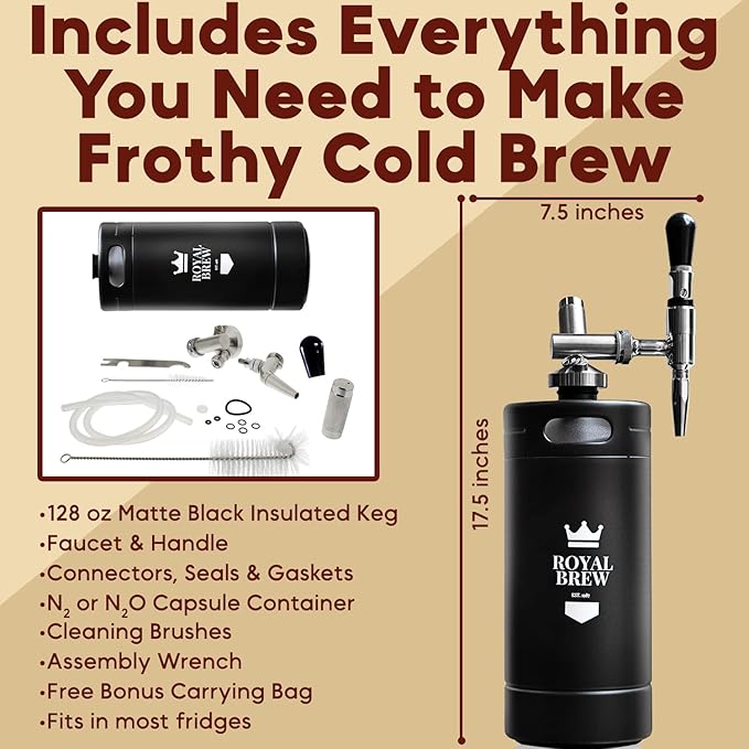 The Original Royal Brew Nitro Cold Brew Coffee Maker - Gift for Coffee Lovers -128 oz Extra Large Home Keg Nitrogen Gas System Coffee Dispenser Kit - Use Nitrogen or Nitrous Oxide