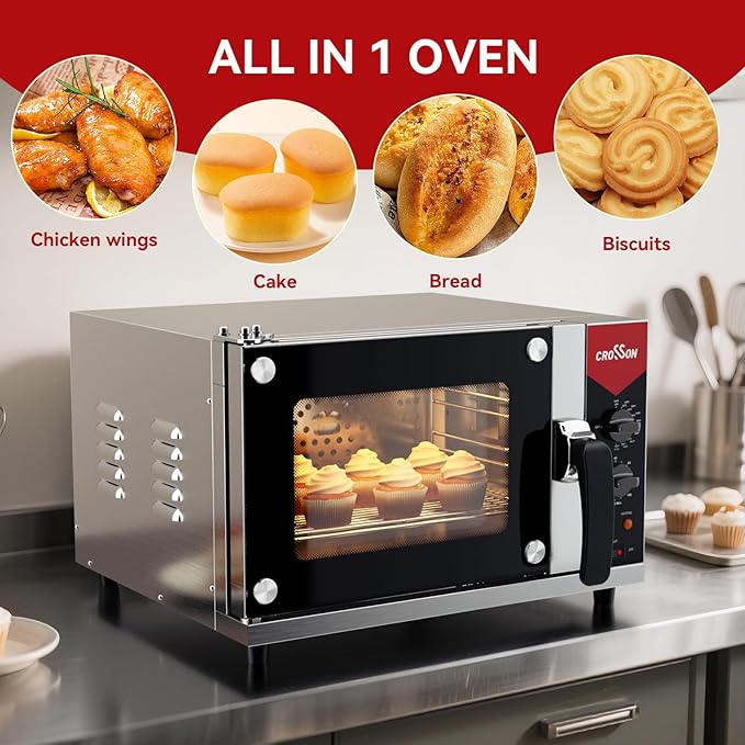 CROSSON 23L Quarter-Size Convection Oven3-Tier Commercial Toaster oven w/Front Glass Door3 set of Wire Racks120 Minutes Timer and Interior Light 120V/1600W Countertop Conventional Oven