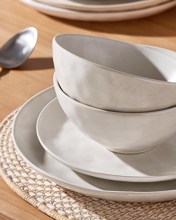 Famiware Dinnerware Sets for 8 Ocean Round 24-Piece Kitchen Plates and Bowls Sets Microwave and Dishwasher Safe Scratch Resistant Matte White