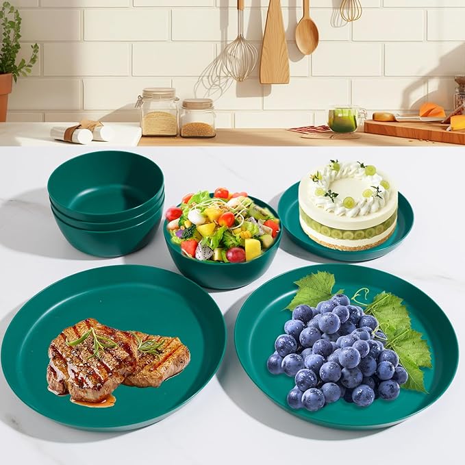 EI 12pcs Dark Green Wheat Straw PlatesPlate and Bowls SetsWheat Straw Dinnerware SetUnbreakabl Plastic Plates ReusableeMelamine Dinnerware Sets