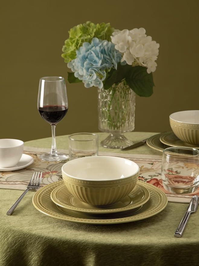 Famiware Garden Plates and Bowls Set for 6 18-Piece Kitchen Dishes Dinnerware Set - Microwave and Dishwasher Safe Scratch Resistant Reactive Glaze and Embossed Stoneware Tableware Yellow