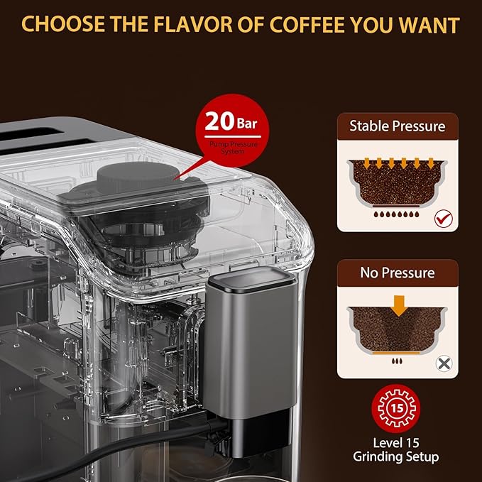 Fully Automatic Espresso Machine With Milk Frother Coffee Machine With Grinder15 Adjustable Grind Levels20 Bar Latte Machine 1.5L Water Tank TFT Touch Screen for Cappuccino Americano