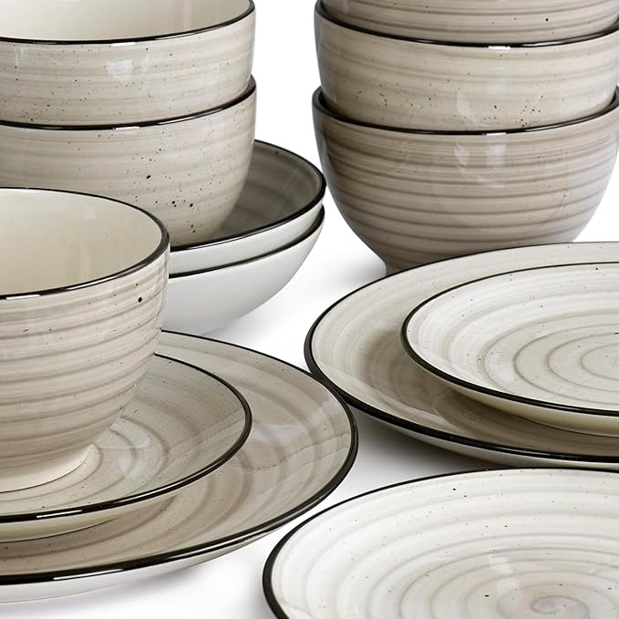 24-Piece Stoneware Dinnerware Set – Round Two-Tone Hand-Painted Dishes with Swirl Design Service for 6 Microwave &amp Dishwasher Safe Tableware (Cream)