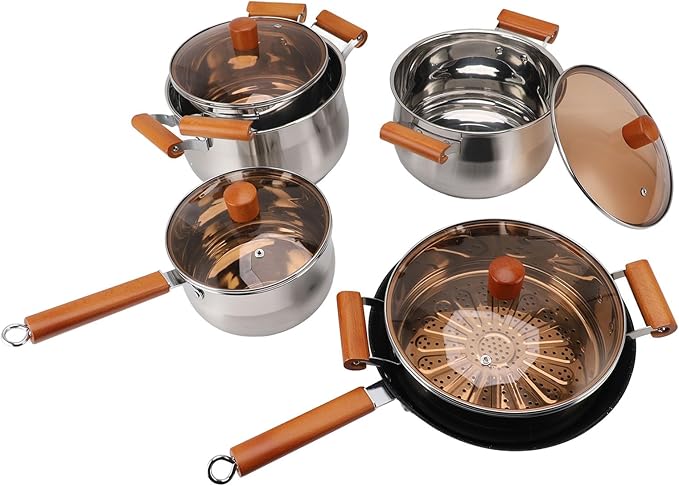Kitchen Cookware Set Cookware Set Rustproof Wooden Handle Even Heating for Steaming Boiling Making Soup