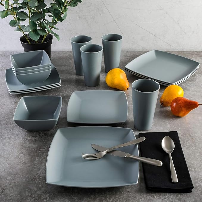 16-Piece Square Melamine Dinnerware Set – Lightweight Break-Resistant Plates Bowls &amp Tumblers Dishwasher Safe Tableware for Indoor &amp Outdoor Dining (Grey)