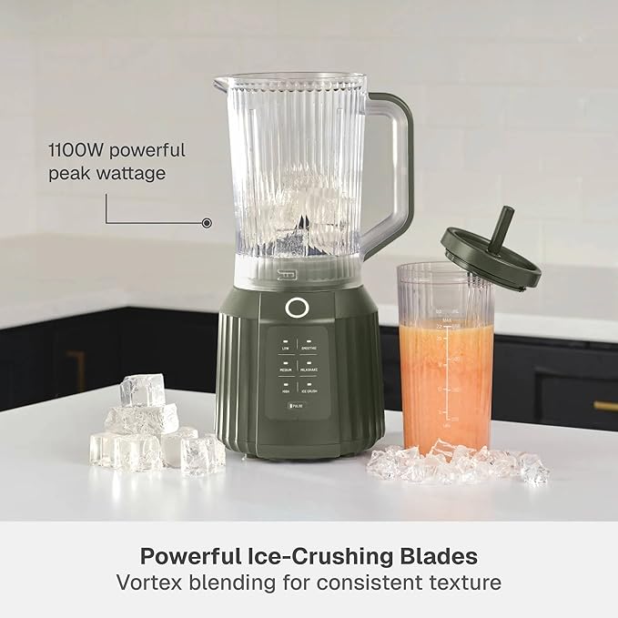 Countertop Blender with Pitcher and To-Go Cup 1100W High-Power Blender Stainless Steel Blade Multiple Speed Settings (Dusty Moss)