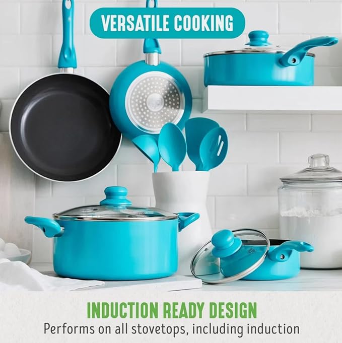 Essentials 12pc Ceramic Nonstick Aluminum Cookware Set Dishwasher Safe Induction Compatible Includes 3 Frying Pans 2 Sauce Pans with Lids Ladle &amp Spoons Caribbean Blue