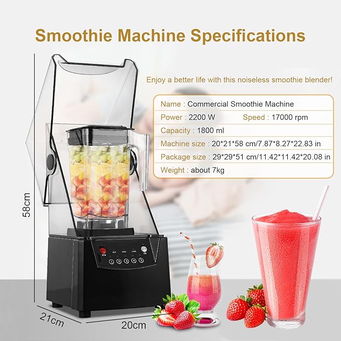 Professional Commercial Smoothie Blender with Shield Quiet Sound Enclosure 5 Preset Settings Electric Ice Crusher with 1.8 L Capacity Cup 17000 Rpm for Dessert Shop/Bar