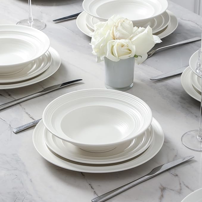 Earth &amp Clay Celeste 24-Piece Dinnerware Stoneware Plates and Bowls Set Includes Dinner and Salad Plates Cereal Bowls Dishwasher and Microwave Safe Dish Set for 8 Ivory White