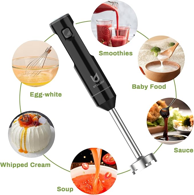 Cordless Hand Blender UTALENT Variable Speed Immersion Blender handheld Rechargeable with USB-C Charging Cable Egg Whisk for Smoothies Milkshakes Hummus and Soups – Black