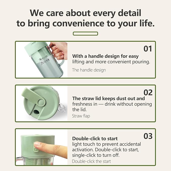 Personal Portable Blender for Fruits USB Rechargeable Smoothie Maker with Stainless Steel Blades Compact Shake Blender for Travel Gym Home (Green)