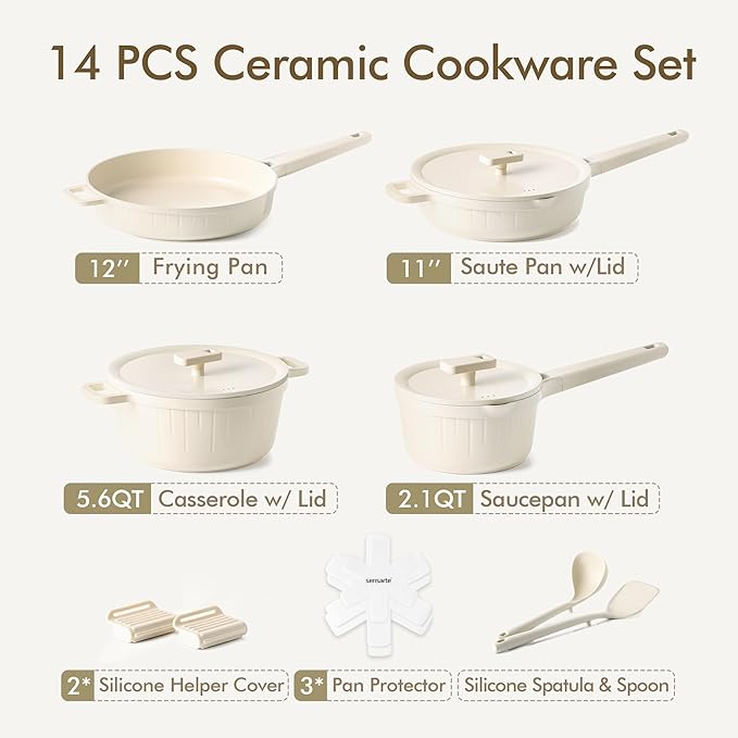 SENSARTE Ceramic Cookware Set Non-toxic 14 Pcs Nonstick Pots and Pans Set Dishwasher Safe Induction Cookware Healthy Kitchen Cooking Set w/Die-cast Lids PFOA/PFAS/PTFE Free