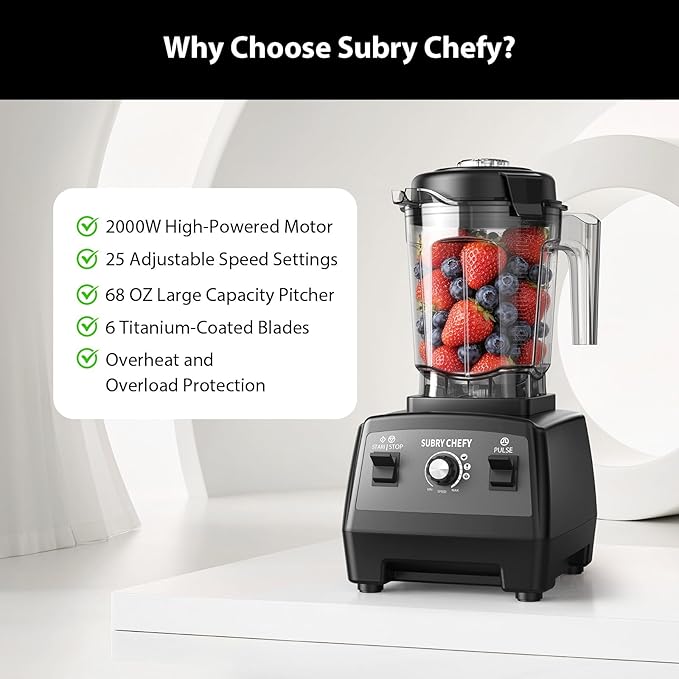 Countertop Blender Pro 2000W Professional High-Speed Blender with Powerful Brushless Motor 25-Speed 68oz Heavy Duty Kitchen Blender for Smoothies Ice Crushing &amp Food Prep Black
