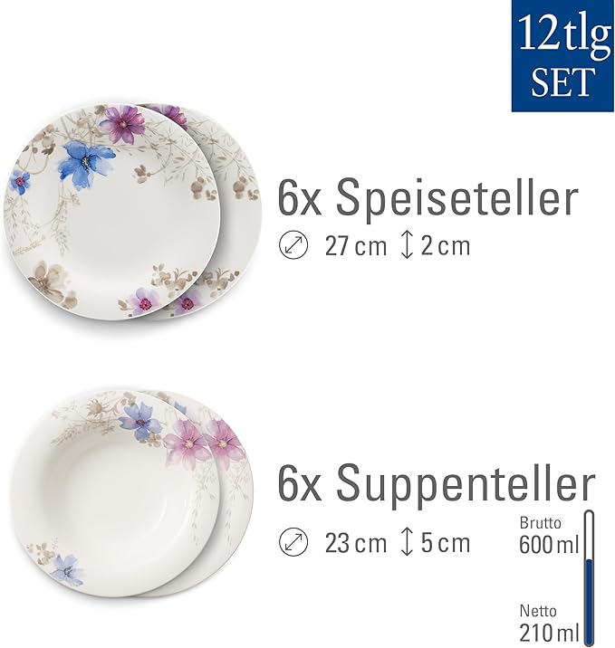 Villeroy &amp Boch Mariefleur Gris Basic Dinner Set for up to 6 People 12 Pieces Premium Porcelain White/Multicoloured