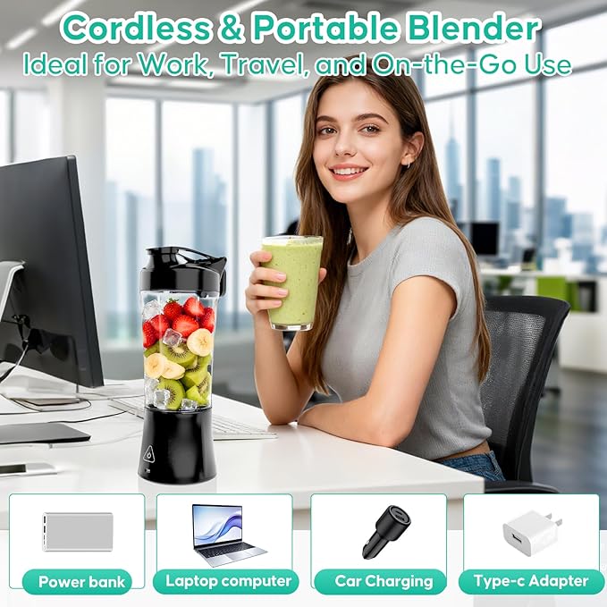 Portable Smoothie BlenderCordless Blender Bottle Electric24oz. VesselUSB-C Rechargeable portable juicer Electric Protein Shaker Bottles with Leakproof Lid Ideal for Shakes and Frozen Drinks