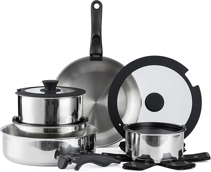 Country Kitchen Cookware Set with Removable Handle Oven &amp RV Safe Pots and Pans Set Stainless Steel Original