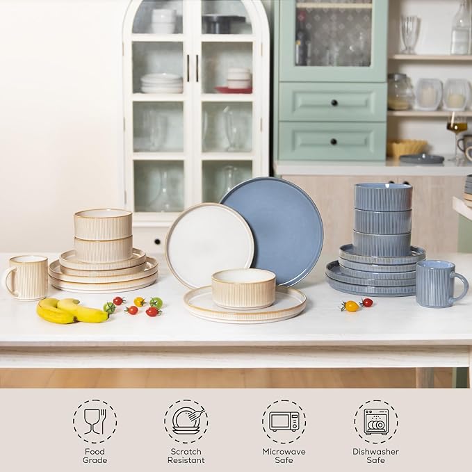Romswi Dinnerware Set for 8 32Pcs Stoneware Plates and Bowls Sets with Mugs Chip &amp Scratch Resistant Dish Set Handmade Reactive Glaze Plate Set OvenMicrowave and Dishwasher Safe Cappuccino W