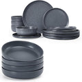 Famiware Milkyway Plates and Bowls Set 12 Pieces Dinnerware Sets and 4 Pieces Pasta Bowls Double Reactive Glaze Sturdy &amp Stackable Stoneware Dishes Set for 4 Matte Dark Charcoal