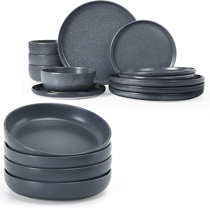 Famiware Milkyway Plates and Bowls Set 12 Pieces Dinnerware Sets and 4 Pieces Pasta Bowls Double Reactive Glaze Sturdy &amp Stackable Stoneware Dishes Set for 4 Matte Dark Charcoal