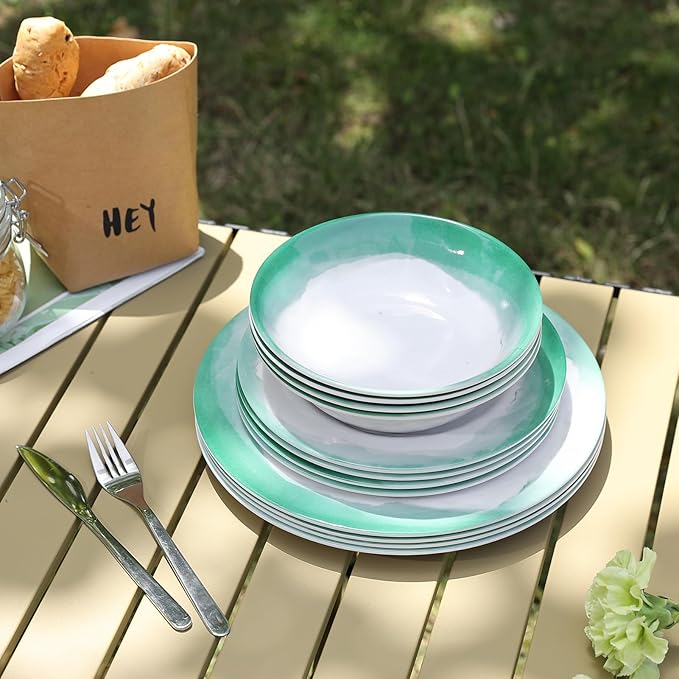 Melamine Dinnerware Sets 12pcs Plates and Bowls Set service for 4 Dishwasher Safe Indoor and Outdoor Use Green Melamine dishes