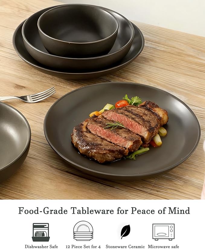 Plates and Bowls Sets 12-Pieces Stoneware Dinnerware Set Ceramic Matte Black Dishes Set for 4 Scratch Resistant Microwave and Dishwasher Safe Tableware Porcelain