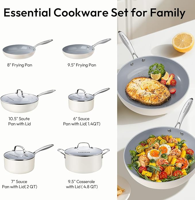 10-Piece Ceramic Nonstick Cookware Set - PFOA-Free Pots and Pans with Glass Lids Healthy Cooking Easy Clean Induction Compatible &amp Oven Safe Includes Frying Pan Saucepan Stockpot - Cream Whit