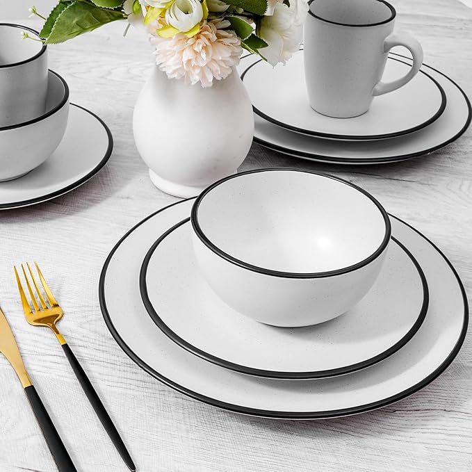Homlouue 16 Pieces Stoneware Dinnerware Set Speckled Ceramic Plates and Bowls Mugs Sets Service for 4 Ceramic Dishes Set Microwave and Dishwasher Safe(White with Black Rim)