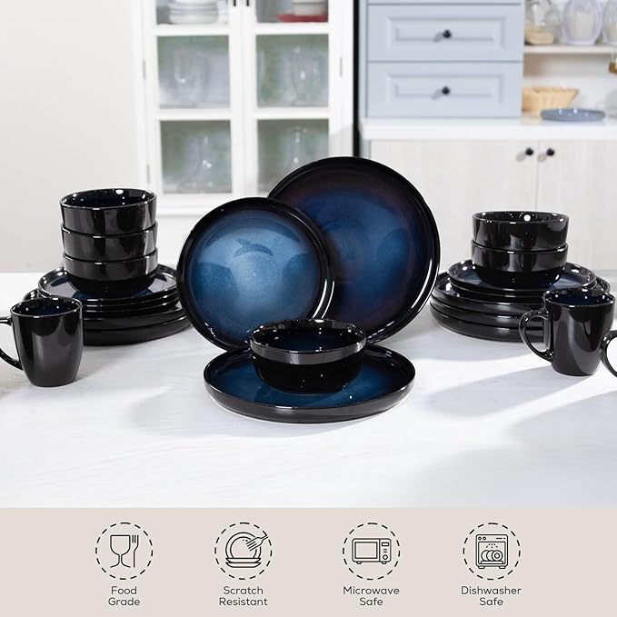 Romswi Dinnerware Set for 4 16 pcs Stoneware Plates and Bowls Sets with Mugs Chip &amp Scratch Resistant Dish Set Handmade Reactive Glaze OvenMicrowave and Dishwasher Safe Dreamy Moonlight-Blue