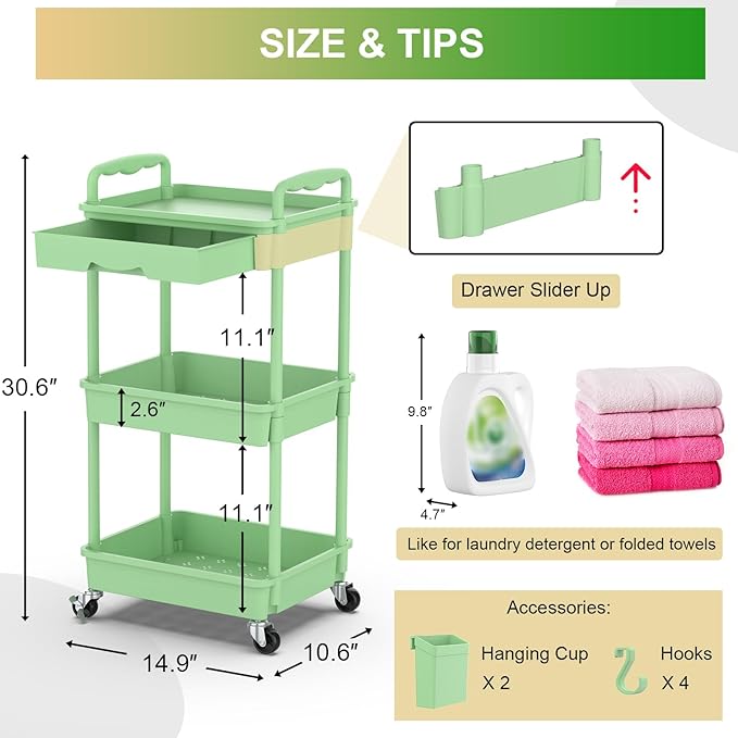 Goovilla 3 Tier Rolling Utility Cart Organizer with Removable Drawer Stable and Sturdy Green Rolling Storage Carts with 2 Lockable Wheels for Bathroom Kitchen Snack Craft Makeup Baby Essentials