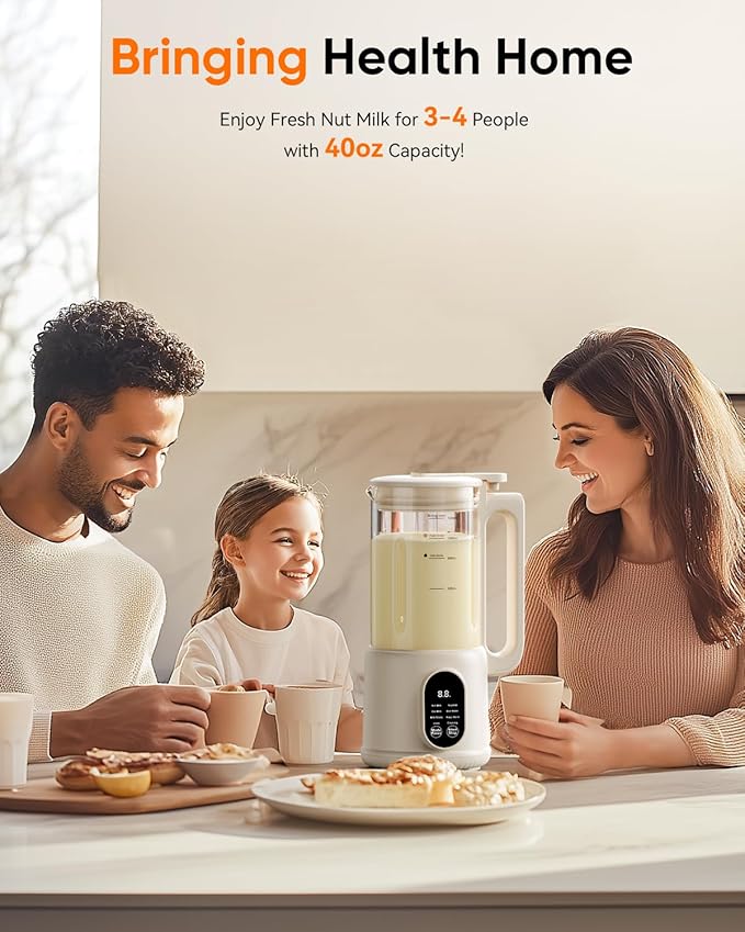 8-in-1 Automatic Nut Milk Maker Machine 34oz Heated Plant-Based Milk Machine with Auto-Clean 10-Blade System for Creamy Almond Oat Soy &amp Dairy-Free Milk 12H Timer