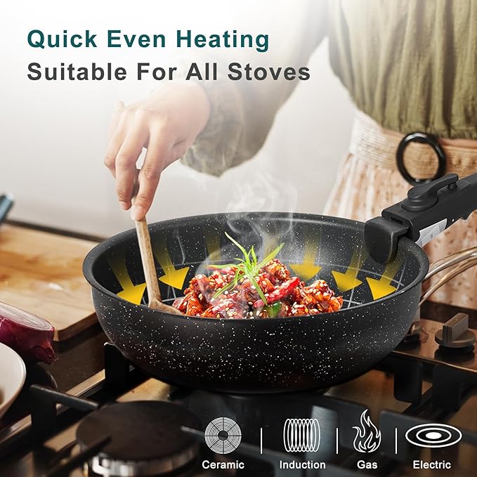 NEWBULIG 12-Piece Pots and Pans Set Nonstick Cookware Set with Detachable Handle Non toxic Induction Kitchen Cooking Set with Frying Pans Set Dishwasher ＆ Oven Safe RV Friendly Black