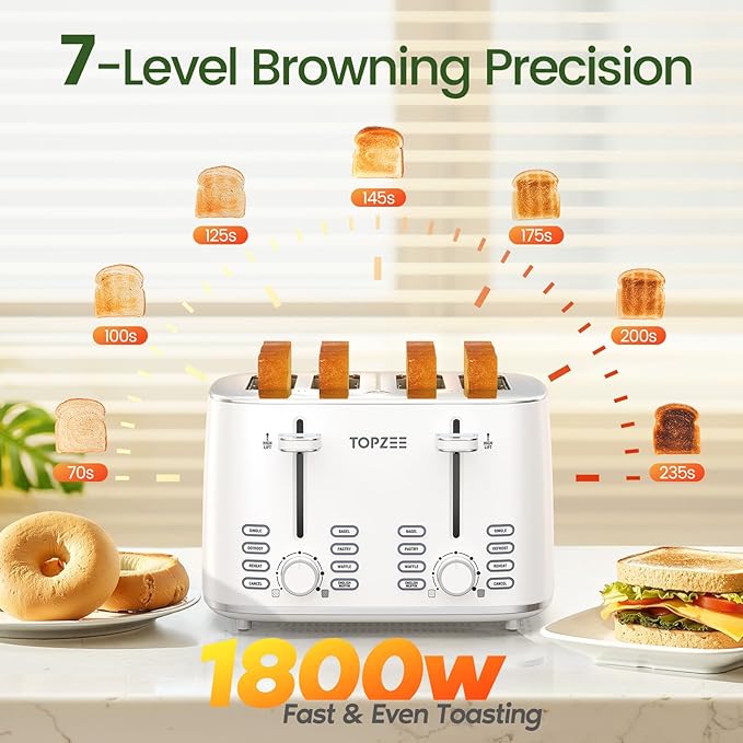 Topzee 4 Slice Toaster with Dual Independent Control 1.5” Wide Slots for Bagel Muffin Waffle Gluten Free Bread 7 Shade Settings Defrost &amp Reheat Stainless Steel Easy Clean White