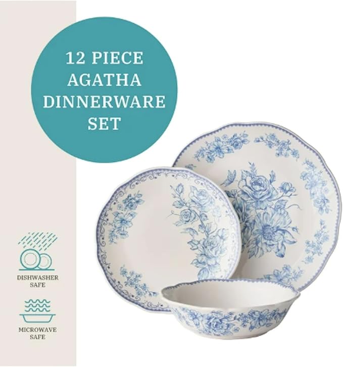 Vintage Inspired Agatha 12-Piece Stoneware Dinnerware Set (Agatha Blue)