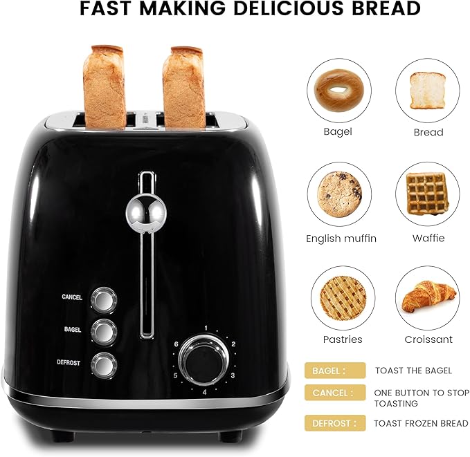 Roter Mond 2 Slice Toaster Retro Stainless Steel with Bagel Cancel and Defrost Functions 6 Bread Shade Settings Extra Wide Slots and Removable Crumb Tray Black
