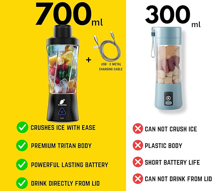 TORPEDO Portable Blender (Black) Cordless 24oz. Vessel Personal Blender for Shakes &amp Smoothies BPA Free Leakproof Sip Lid &amp Self Cleaning - Travel with 6 Sharp Blade USB - C Metal Cable