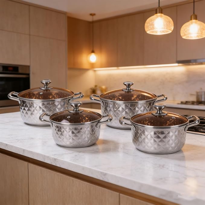 CHICIRIS Cooking Pots Stainless Steel Cookware Set 4 Piece Nonstick Pots and Pans Set with Double Non Slip Handles for Induction Electric and Gas Cooktops Dishwasher Safe