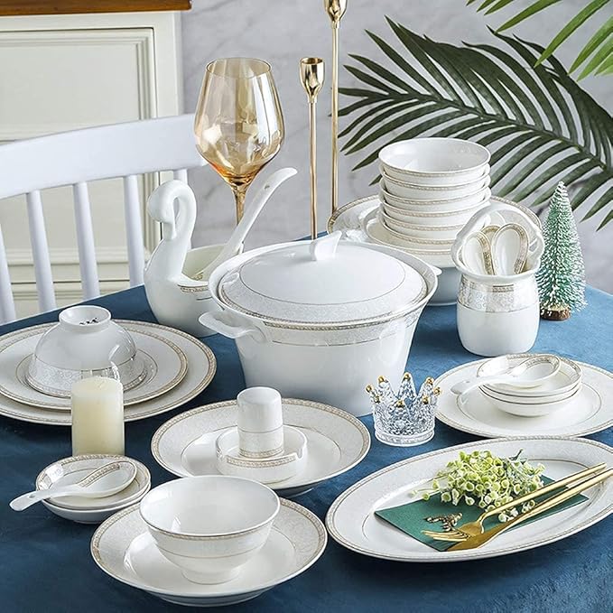 White Round Porcelain Dinnerware Set Dishes/Plate/Bowl Set Fine Bone China Dinnerware Sets Clearance Collection Ceramic Kitchen And Dining Sets For HomeB56 Pcs Service For 1058 Pcs Service for 1