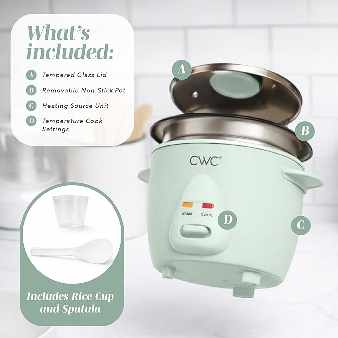 COOK WITH COLOR 6 Cup Rice Cooker 300W - Effortless Cooking and Perfectly Cooks 3 Cups of Raw Rice for 6 Cups of Cooked Rice Sage