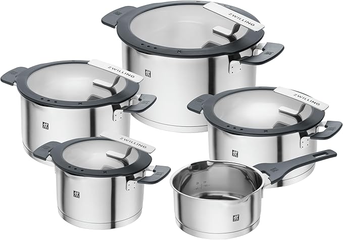 ZWILLING Simplify 9-pc Cookware Set Premium Stainless Steel Pots and Pans Set for Kitchen Induction Cooktops &amp BBQ Sides Oven Safe Dishwasher Safe Grey Handles