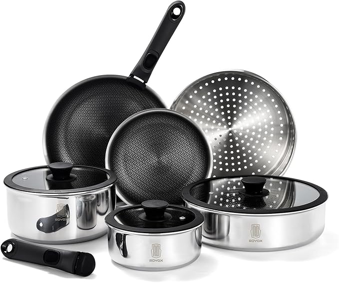 ROYDX New Model Hybrid Nonstick Cookware Set 19-Piece Stainless Steel Pots and Pans Set with Removable Handles Save SpaceDishwasher and Oven Safe Induction Ready Compatible with All Cooktops