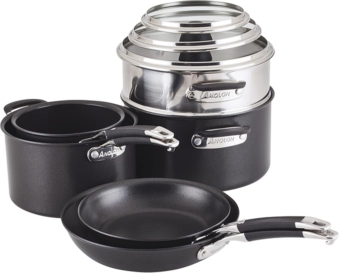 Anolon SmartStack Hard Anodized Nonstick Induction Nesting Cookware/Pots and Pans Set Dishwasher Safe 9 Piece - Black