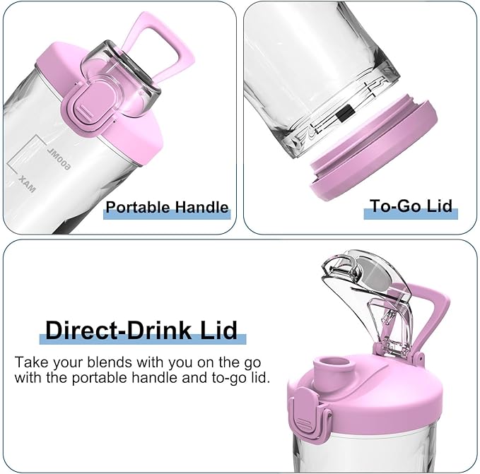 DENOKIN Portable Blender 20oz Vessel Cordless Personal Size Blend with 6 Blade and a Travel Lid (Purpleish Pink)