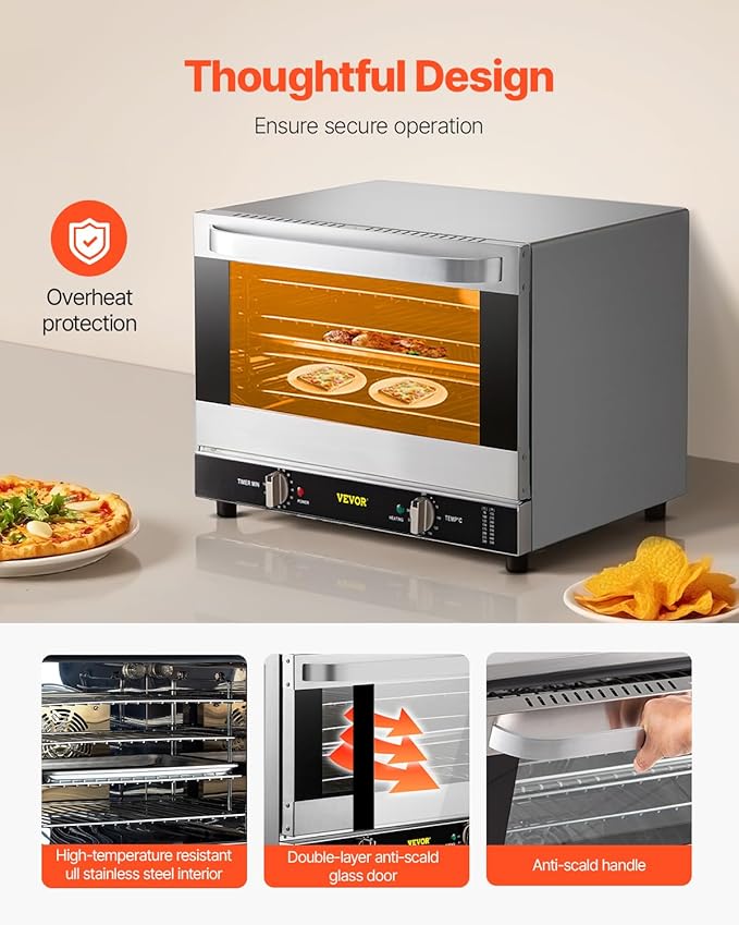 VEVOR Commercial Convection Oven 66L/60Qt Half-Size Conventional Oven Countertop 1800W 4-Tier Toaster w/Front Glass Door w/Trays Wire Racks Clip Gloves 120V