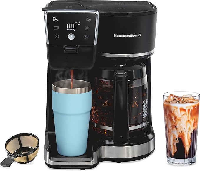 Hamilton Beach 2-Way 12 Cup Programmable Drip Hot and Iced Coffee Maker &amp Single Serve Coffee Machine Glass Carafe Auto Pause and Pour Black (47500J)
