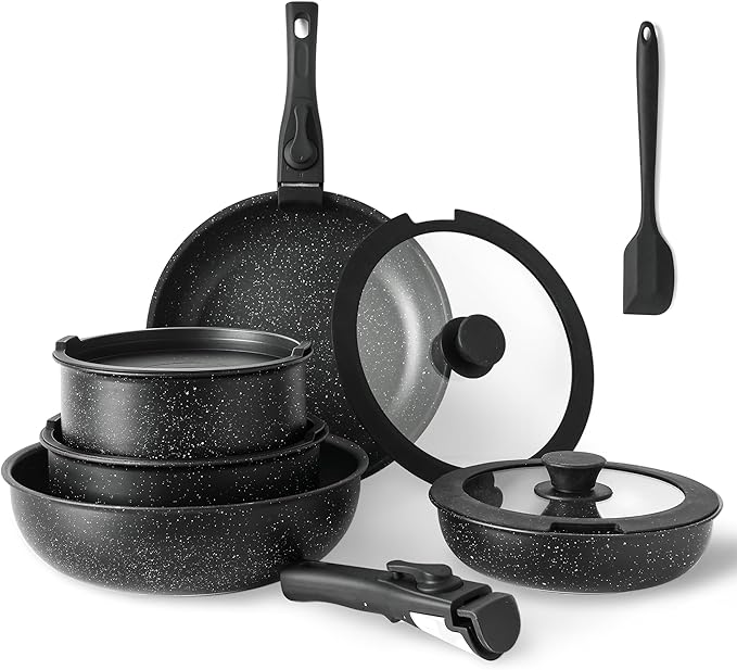 Simple Deluxe 12 Pcs Non-Stick Cookware Set with Black Granite Texture and Detachable Handles Resistant to High Temperatures Oven Safe PFAS and PFOA Free