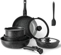 Simple Deluxe 12 Pcs Non-Stick Cookware Set with Black Granite Texture and Detachable Handles Resistant to High Temperatures Oven Safe PFAS and PFOA Free