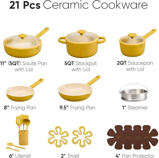 CAROTE 21pcs Cookware Set Nonstick Pots and Pans Set Ceramic Cookware Set Induction Cookware Non toxic Healthy Non Stick Kitchen Cooking Set PFAS PTFE Free