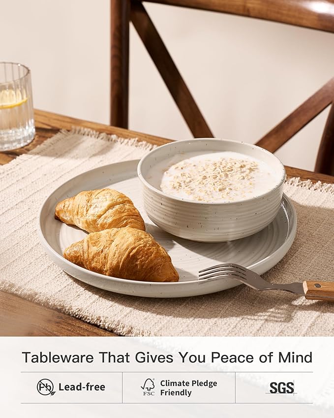 Stoneware Dinnerware Set Highly Chip and Scratch Resistant Everyday Plates and Bowls for 8 (24pcs) Reactive Glaze Speckled Ceramic Flared Dishes with Gift Box Microwave Dishwasher Safe Shell Beige
