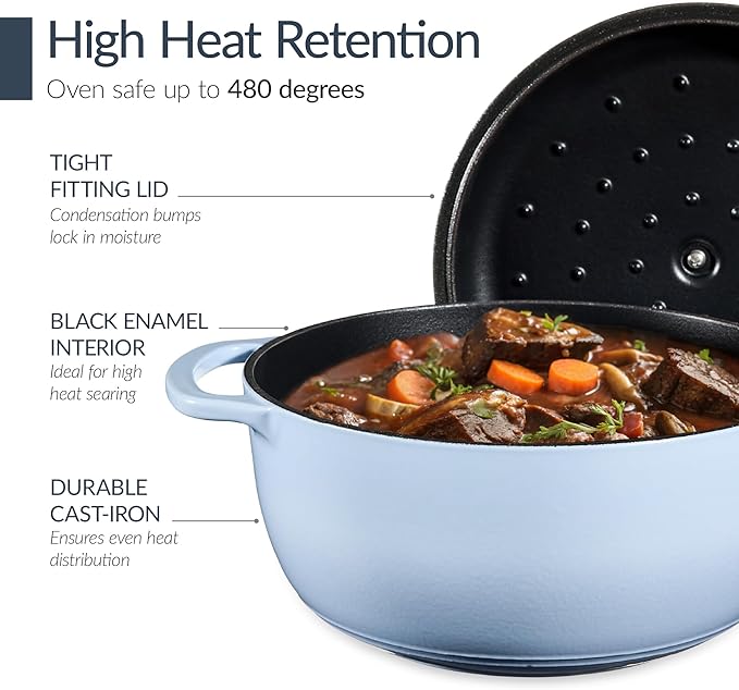 Best Choice Products Non-Stick Pot &amp Pan Cookware Set Cast Iron 2Qt Skillet W/Lid 10 Grill Or Griddle Pan W/Press 6Qt Enameled Dutch Oven Non-toxic For Cooking &amp Grilling - Cornflower